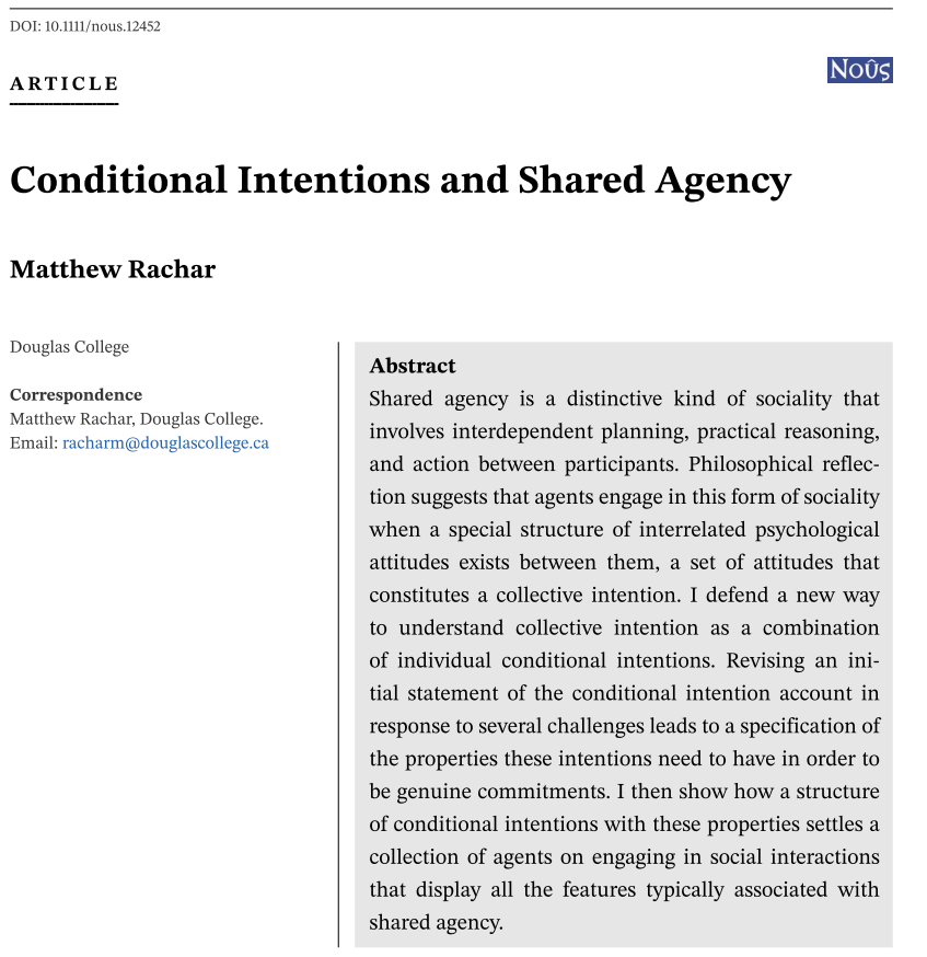 “Conditional Intentions and Shared Agency”, published Online First in Nous.